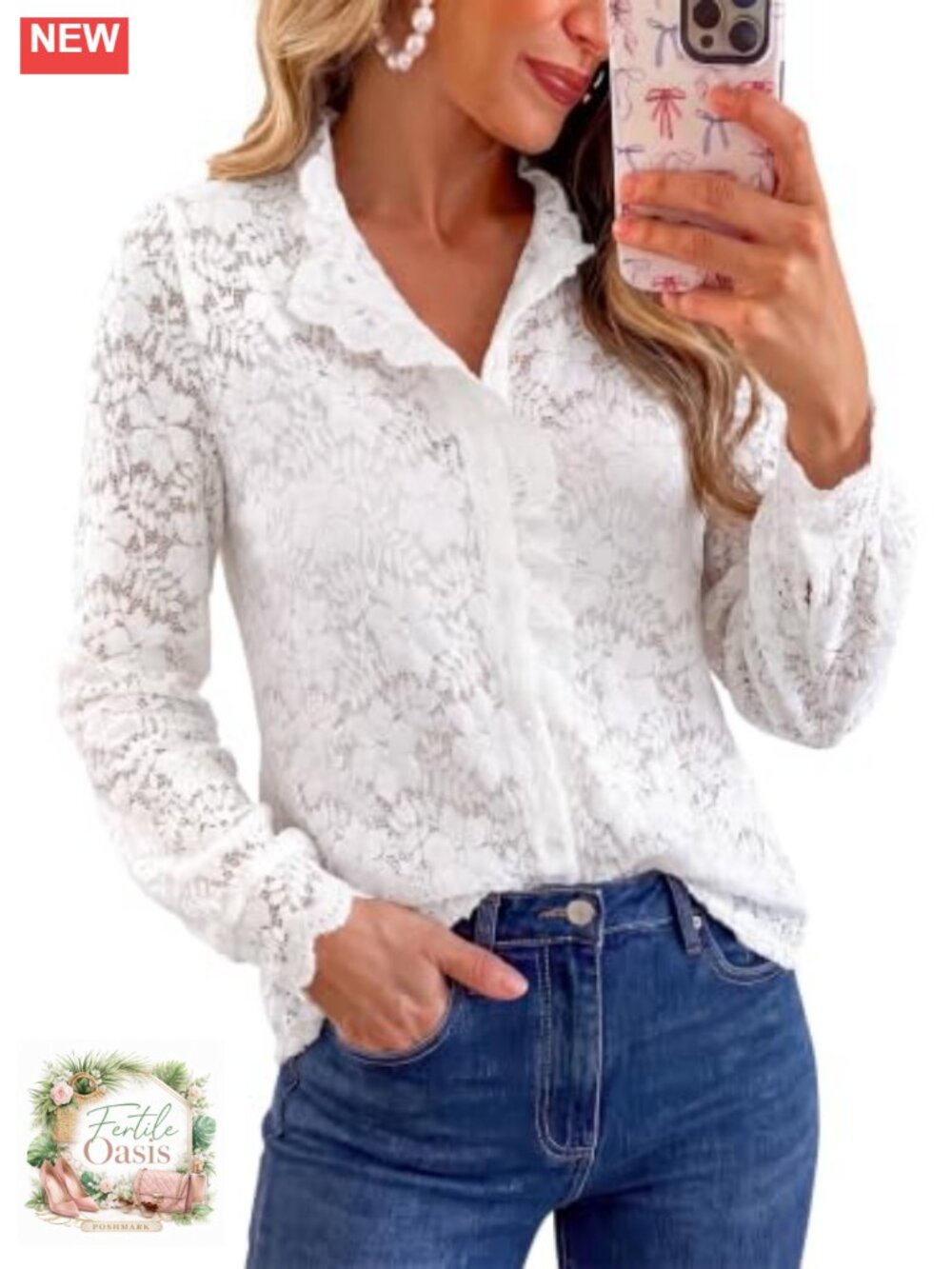 Women's Sheer Floral Lace Button Down Long Sleeve Shirt